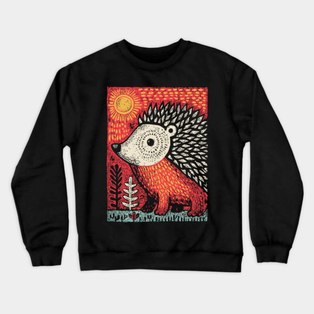 Folk Art Hedgehog | Red Woodland Storybook Crewneck Sweatshirt by TuncGK