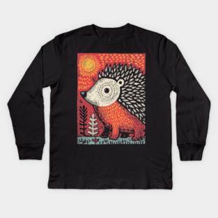 Folk Art Hedgehog | Red Woodland Storybook Kids Long Sleeve T-Shirt