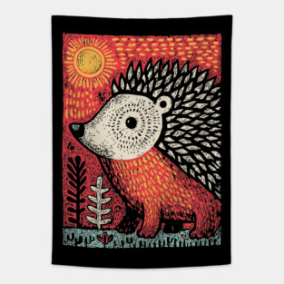 Folk Art Hedgehog | Red Woodland Storybook Tapestry