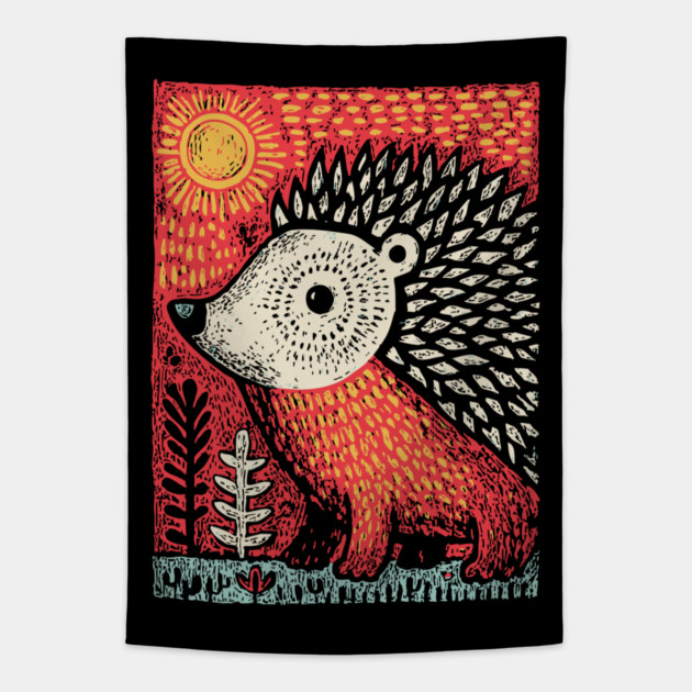Folk Art Hedgehog | Red Woodland Storybook Tapestry by TuncGK