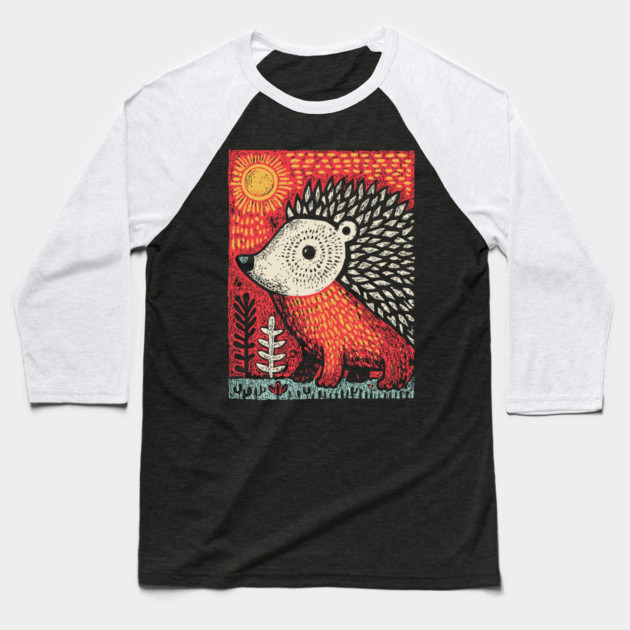 Folk Art Hedgehog | Red Woodland Storybook Baseball T-Shirt by TuncGK