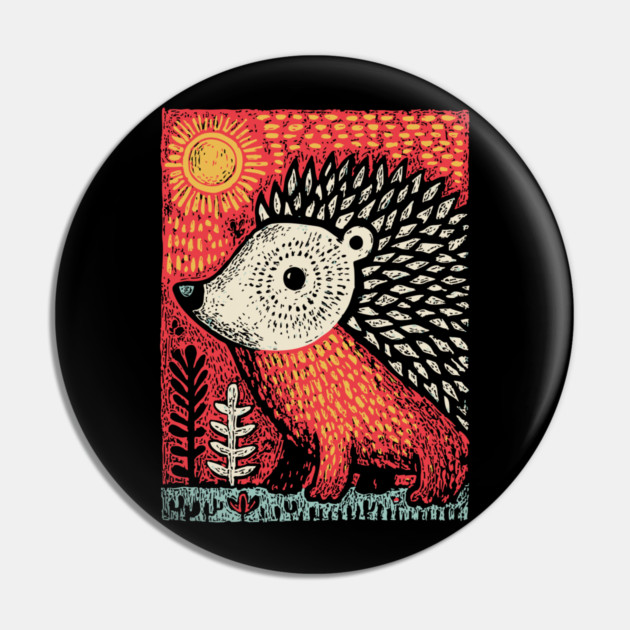 Folk Art Hedgehog | Red Woodland Storybook Pin by TuncGK