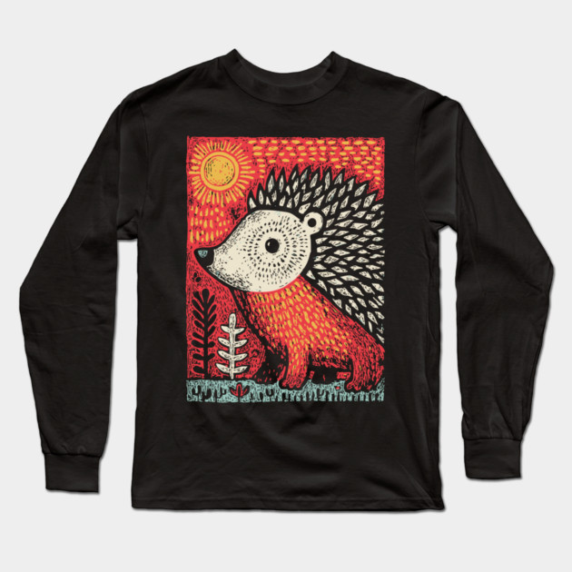 Folk Art Hedgehog | Red Woodland Storybook Long Sleeve T-Shirt by TuncGK
