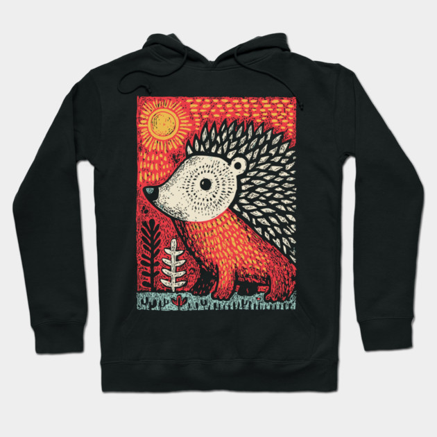 Folk Art Hedgehog | Red Woodland Storybook Hoodie by TuncGK