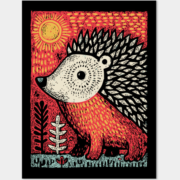Folk Art Hedgehog | Red Woodland Storybook Wall Art by TuncGK