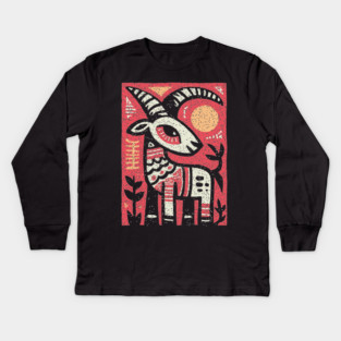 Mythical Ibex Goat | Sumerian Sun Symbol Kids Long Sleeve T-Shirt