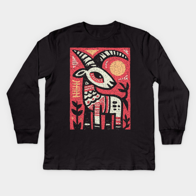 Mythical Ibex Goat | Sumerian Sun Symbol Kids Long Sleeve T-Shirt by TuncGK