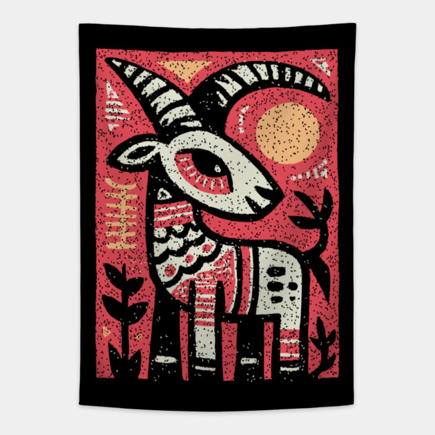 Mythical Ibex Goat | Sumerian Sun Symbol Tapestry by TuncGK