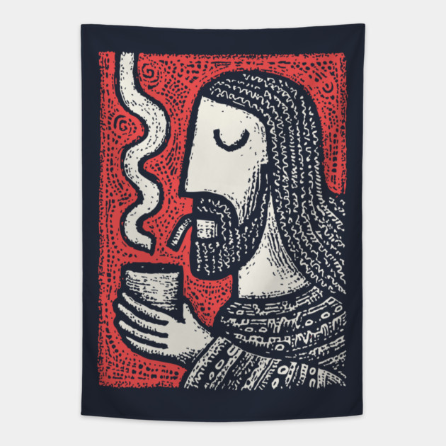 Contemplative Holy Man | Sacred Pipe Ritual Tapestry by TuncGK