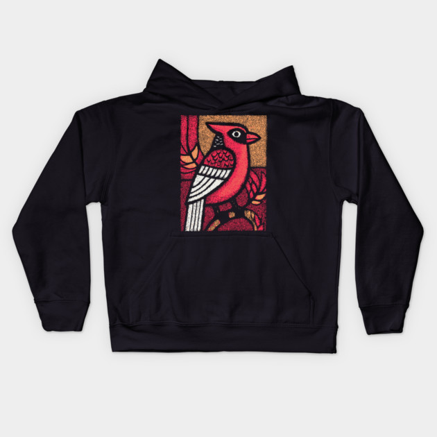 Folk Art Cardinal | Simple Woodland Bird Kids Hoodie by TuncGK