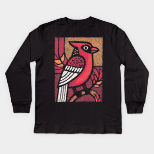 Folk Art Cardinal | Simple Woodland Bird Kids Long Sleeve T-Shirt