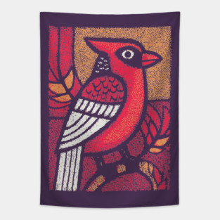 Folk Art Cardinal | Simple Woodland Bird Tapestry