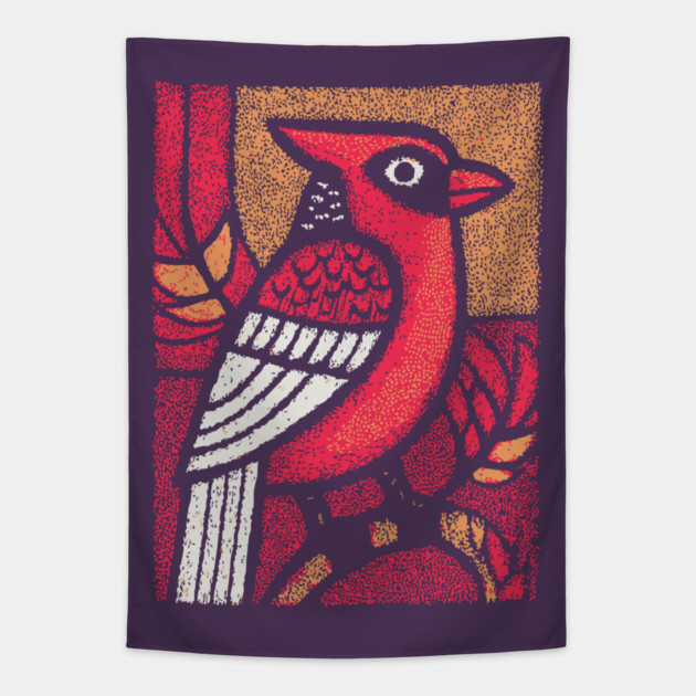 Folk Art Cardinal | Simple Woodland Bird Tapestry by TuncGK