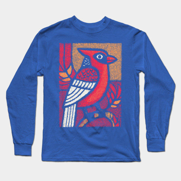 Folk Art Cardinal | Simple Woodland Bird Long Sleeve T-Shirt by TuncGK