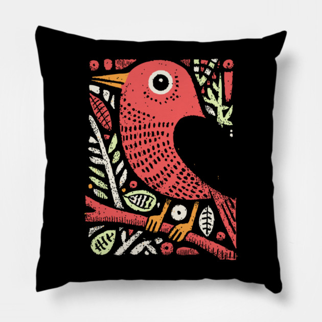 Whimsical Sparrow | Scandinavian Folk Art Bird Pillow by TuncGK