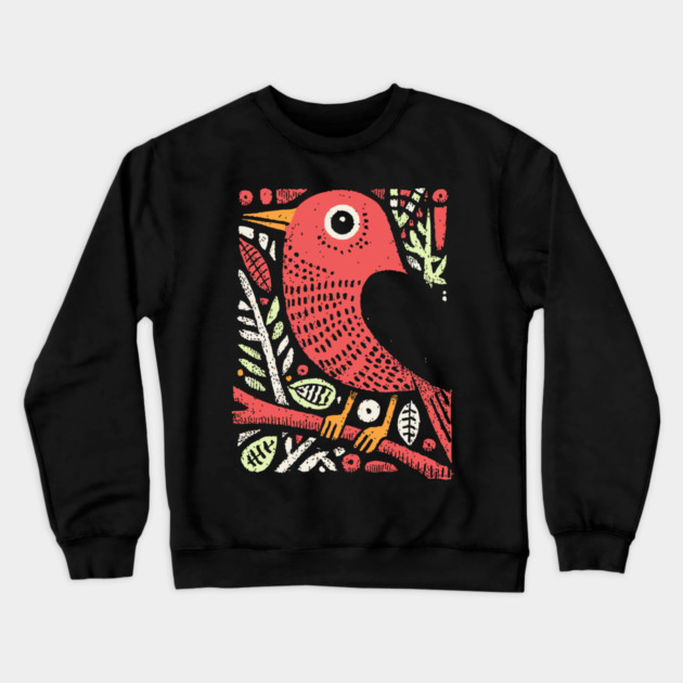 Whimsical Sparrow | Scandinavian Folk Art Bird Crewneck Sweatshirt by TuncGK