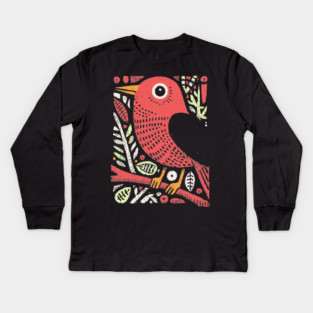 Whimsical Sparrow | Scandinavian Folk Art Bird Kids Long Sleeve T-Shirt