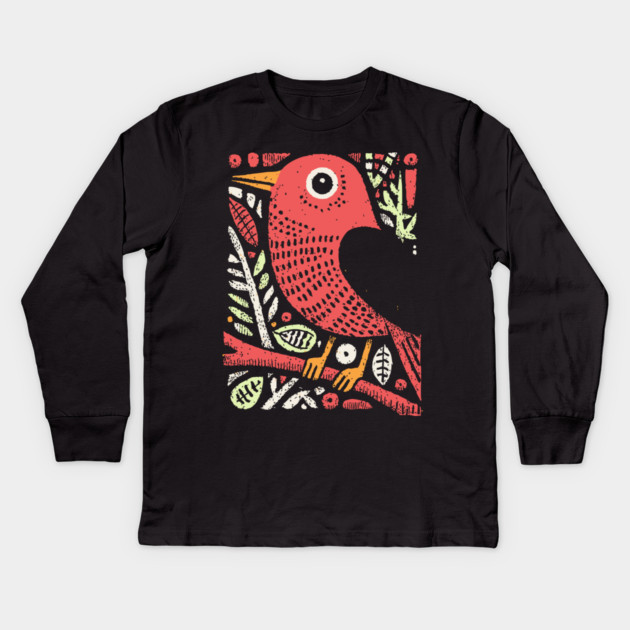 Whimsical Sparrow | Scandinavian Folk Art Bird Kids Long Sleeve T-Shirt by TuncGK