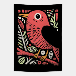 Whimsical Sparrow | Scandinavian Folk Art Bird Tapestry