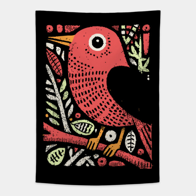 Whimsical Sparrow | Scandinavian Folk Art Bird Tapestry by TuncGK