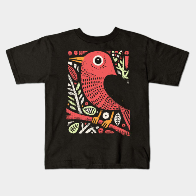 Whimsical Sparrow | Scandinavian Folk Art Bird Kids T-Shirt by TuncGK