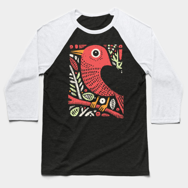 Whimsical Sparrow | Scandinavian Folk Art Bird Baseball T-Shirt by TuncGK