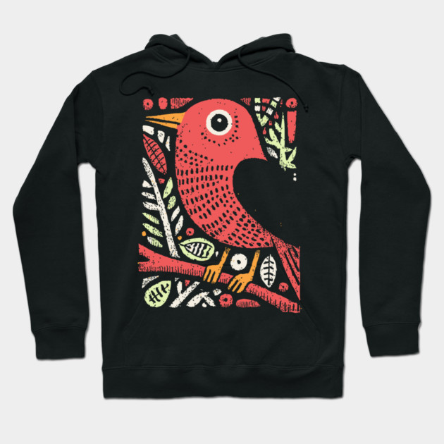 Whimsical Sparrow | Scandinavian Folk Art Bird Hoodie by TuncGK