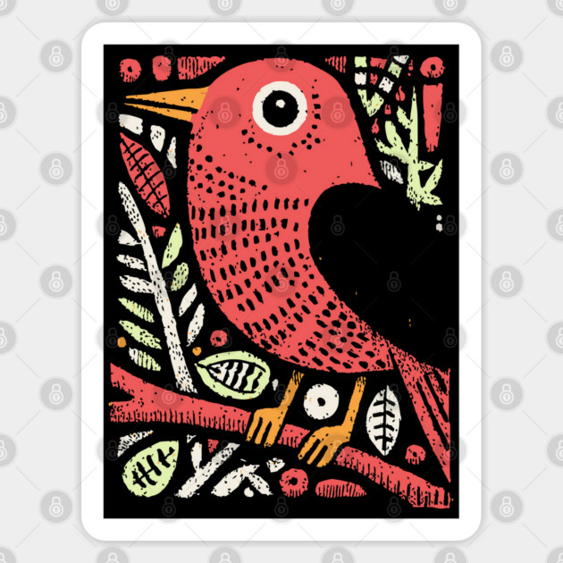 Whimsical Sparrow | Scandinavian Folk Art Bird Sticker by TuncGK