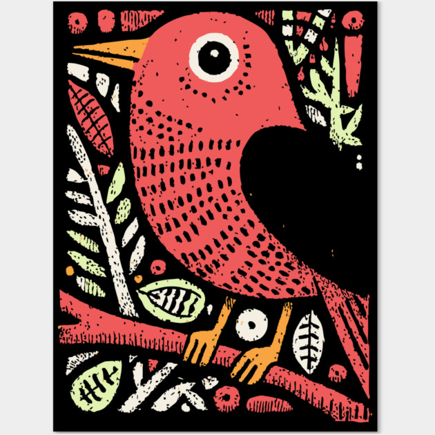 Whimsical Sparrow | Scandinavian Folk Art Bird Wall Art by TuncGK