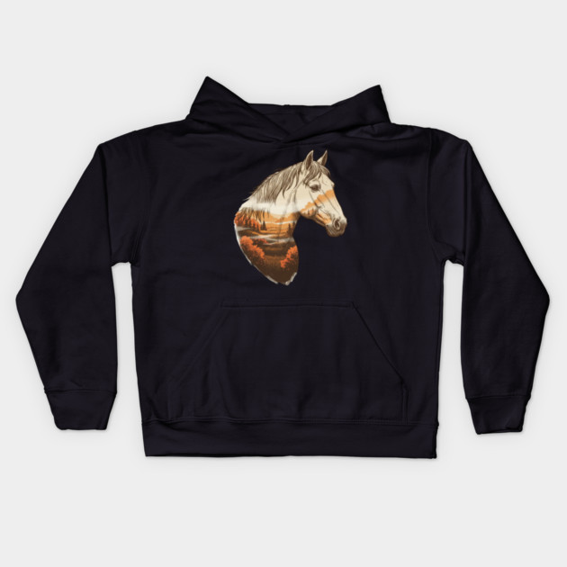 Wild Horse Lovers Double Exposure Nature Landscape Kids Hoodie by BirdsnStuff