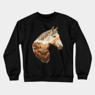 Wild Horse Lovers Double Exposure Nature Landscape Crewneck Sweatshirt