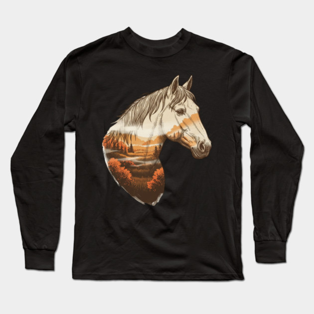 Wild Horse Lovers Double Exposure Nature Landscape Long Sleeve T-Shirt by BirdsnStuff