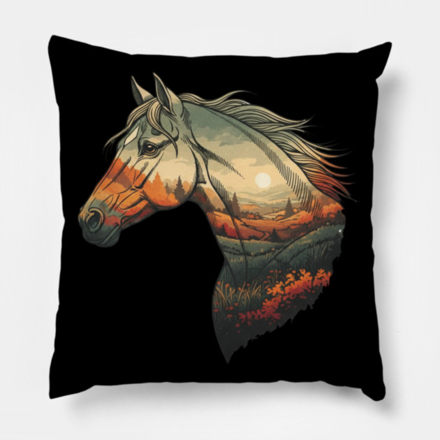 Double Exposure Grasslands Autumn Wild Horse Lovers Art Pillow by BirdsnStuff