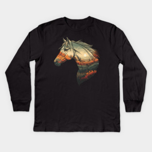 Double Exposure Grasslands Autumn Wild Horse Lovers Art Kids Long Sleeve T-Shirt
