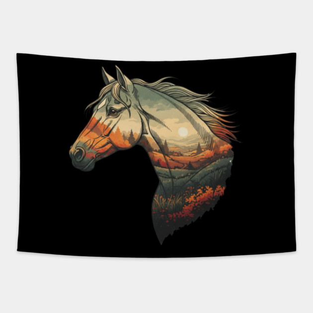 Double Exposure Grasslands Autumn Wild Horse Lovers Art Tapestry by BirdsnStuff
