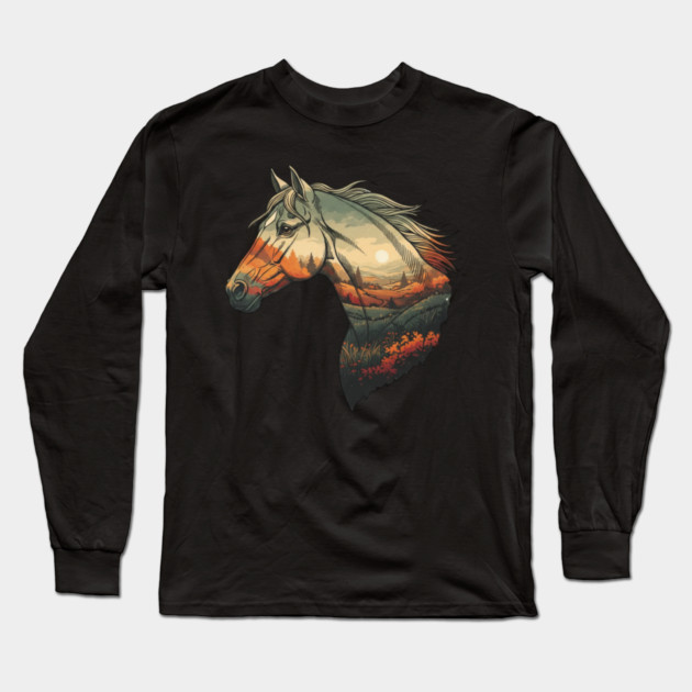 Double Exposure Grasslands Autumn Wild Horse Lovers Art Long Sleeve T-Shirt by BirdsnStuff