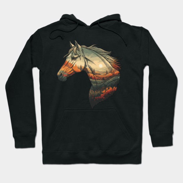 Double Exposure Grasslands Autumn Wild Horse Lovers Art Hoodie by BirdsnStuff