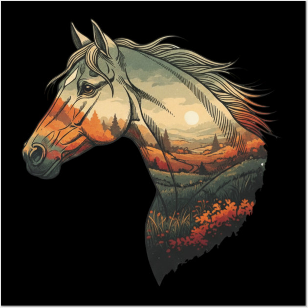 Double Exposure Grasslands Autumn Wild Horse Lovers Art Wall Art by BirdsnStuff