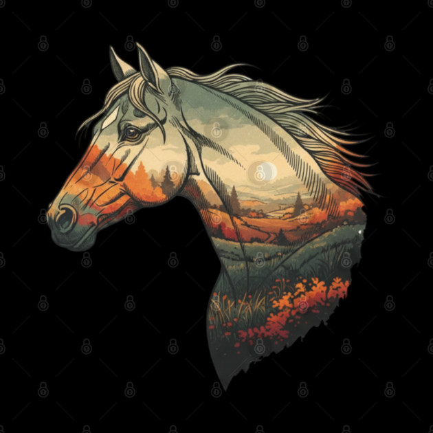 Double Exposure Grasslands Autumn Wild Horse Lovers Art by BirdsnStuff