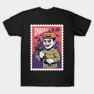 Spooksville Stamp – Creepy Pumpkinhead Villain T-Shirt