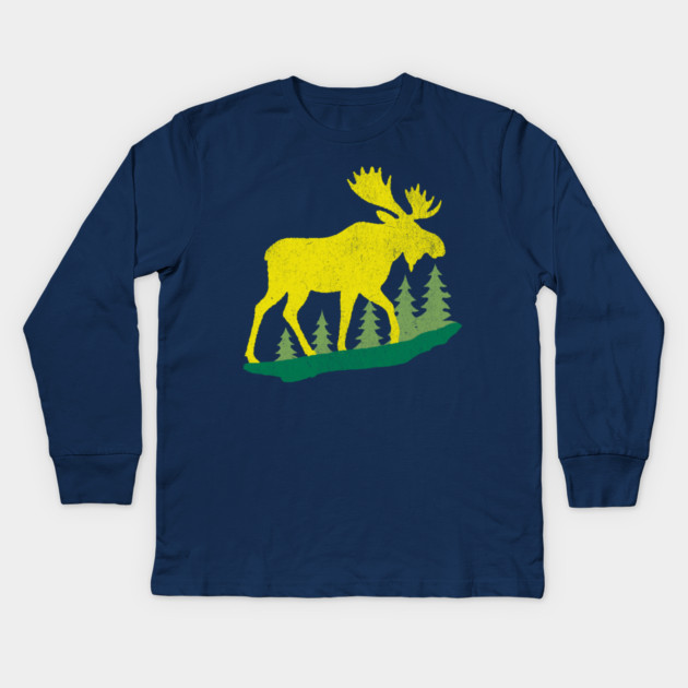 Golden Moose in Pines – Minimal Wildlife Design Kids Long Sleeve T-Shirt by DonWillisJrArt