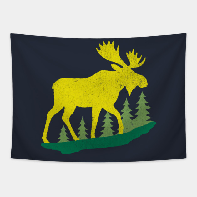 Golden Moose in Pines – Minimal Wildlife Design Tapestry by DonWillisJrArt