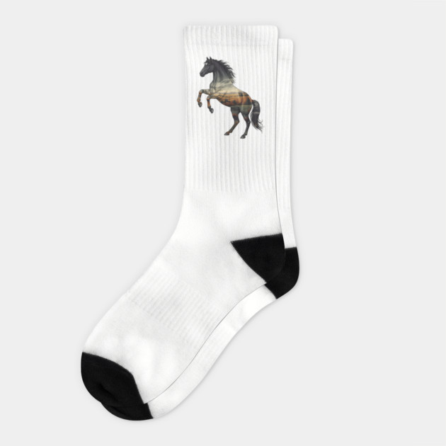 Double Exposure Wild Horse Autumn Plains Landscape Socks by BirdsnStuff
