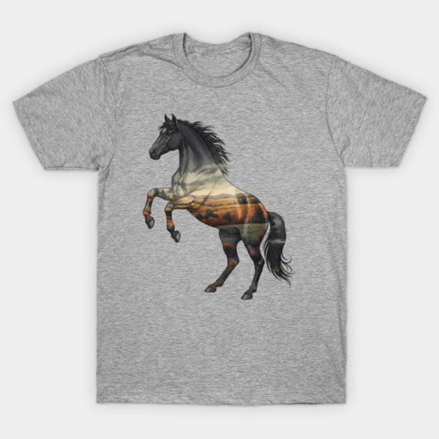 Double Exposure Wild Horse Autumn Plains Landscape T-Shirt by BirdsnStuff