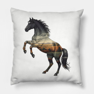 Double Exposure Wild Horse Autumn Plains Landscape Pillow