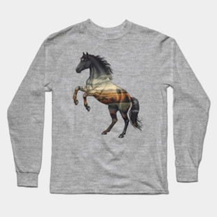 Double Exposure Wild Horse Autumn Plains Landscape Long Sleeve T-Shirt