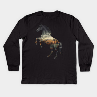 Double Exposure Wild Horse Autumn Plains Landscape Kids Long Sleeve T-Shirt
