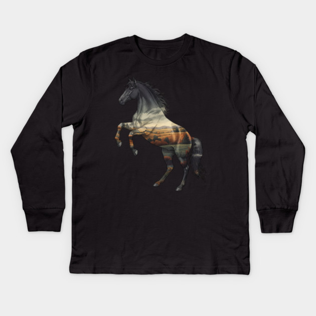 Double Exposure Wild Horse Autumn Plains Landscape Kids Long Sleeve T-Shirt by BirdsnStuff