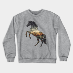 Double Exposure Wild Horse Autumn Plains Landscape Crewneck Sweatshirt