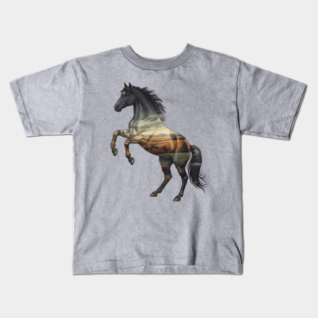 Double Exposure Wild Horse Autumn Plains Landscape Kids T-Shirt by BirdsnStuff